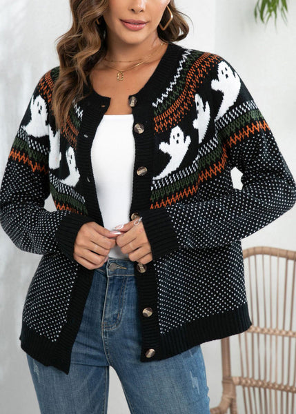 Loose Black Ghost Dot Patchwork Knit Cardigan Fall AE1020 OM-HW240901