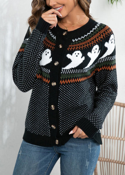 Loose Black Ghost Dot Patchwork Knit Cardigan Fall AE1020 OM-HW240901