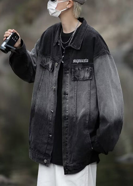 TC044 Color Coats Denim Gradient Spring Mens Loose Pockets Black