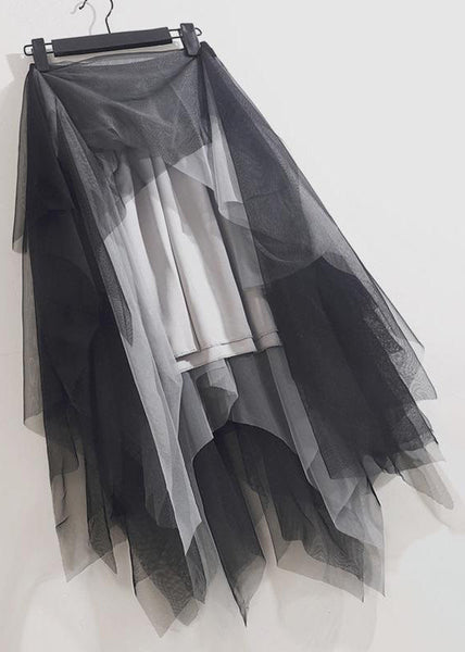 Loose Black Grey Asymmetrical Wrinkled Tulle Skirts Summer Ada Fashion