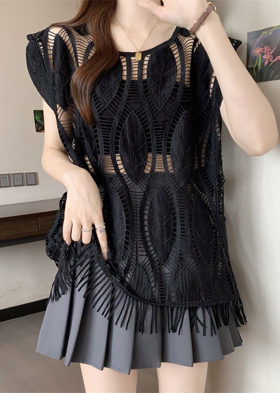 Loose Hollow Black Sleeveless Tasseled Out Cotton Tank FashionChic