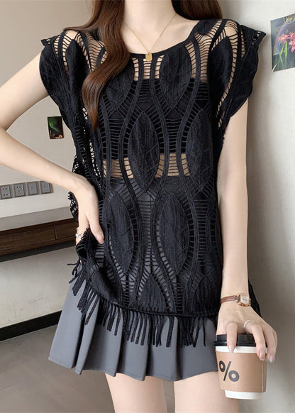 Loose Hollow Black Sleeveless Tasseled Out Cotton Tank FashionChic