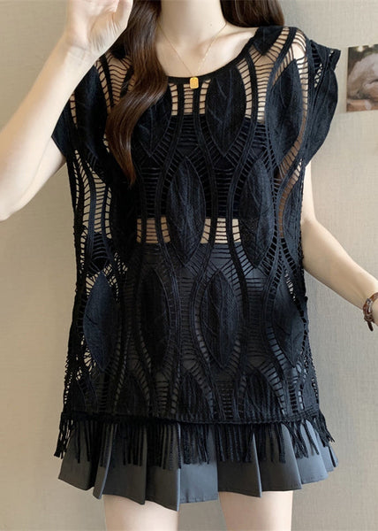 Loose Hollow Black Sleeveless Tasseled Out Cotton Tank FashionChic