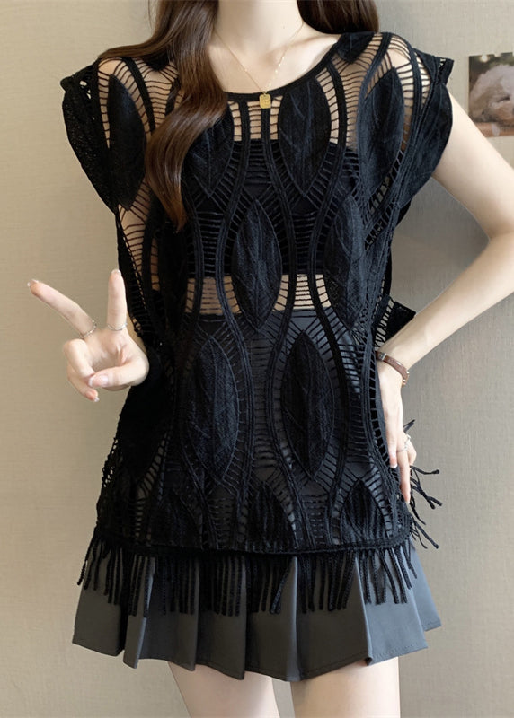 Loose Hollow Black Sleeveless Tasseled Out Cotton Tank FashionChic