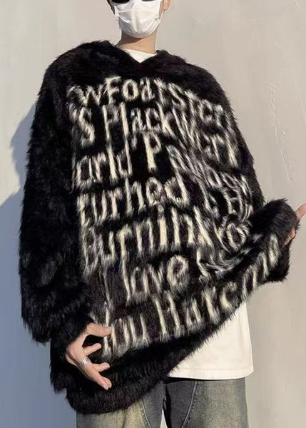 Loose Black Hooded Letter Mink Velvet Men Sweaters Winter RC038 ABC