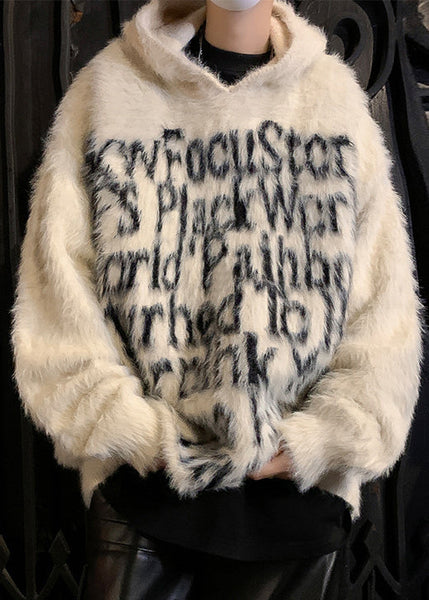 Loose Black Hooded Letter Mink Velvet Men Sweaters Winter RC038 ABC