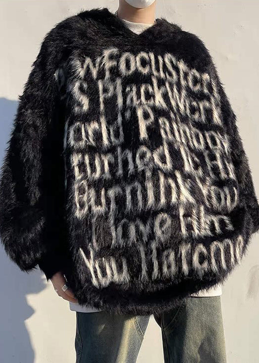 Loose Black Hooded Letter Mink Velvet Men Sweaters Winter RC038 ABC