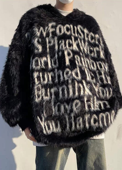 Loose Black Hooded Letter Mink Velvet Men Sweaters Winter RC038 ABC