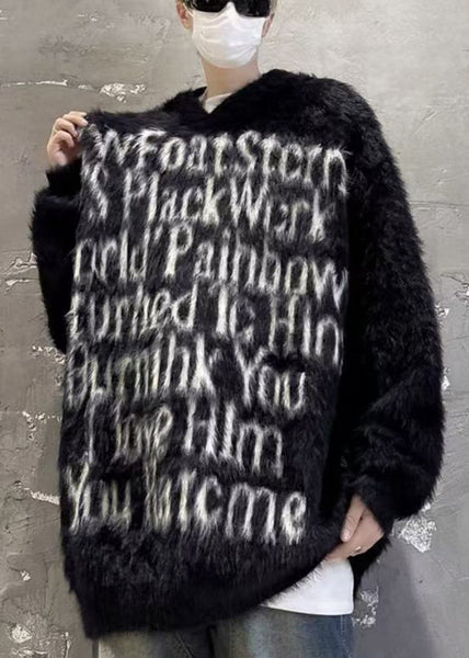 Loose Black Hooded Letter Mink Velvet Men Sweaters Winter RC038 ABC
