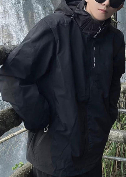 Solid Pockets Cotton Black Loose Hooded Men Spring Coat FashionChic