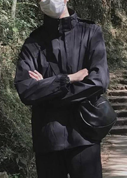 Solid Pockets Cotton Black Loose Hooded Men Spring Coat FashionChic