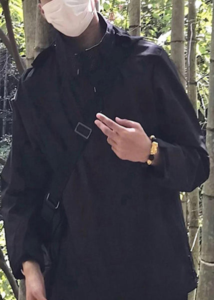 Solid Pockets Cotton Black Loose Hooded Men Spring Coat FashionChic