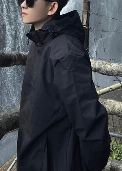 Solid Pockets Cotton Black Loose Hooded Men Spring Coat FashionChic