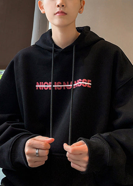 Loose Black Hooded Print Pockets Cotton Men Sweatshirt Fall RP064 ABC