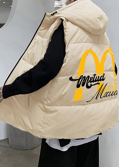 Loose Black Hooded Zippered Print Cotton Filled Men Waistcoat Sleeveless EQ030 ABC