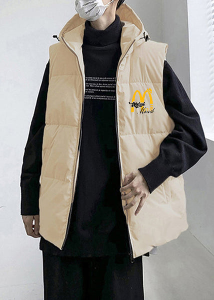 Loose Black Hooded Zippered Print Cotton Filled Men Waistcoat Sleeveless EQ030 ABC