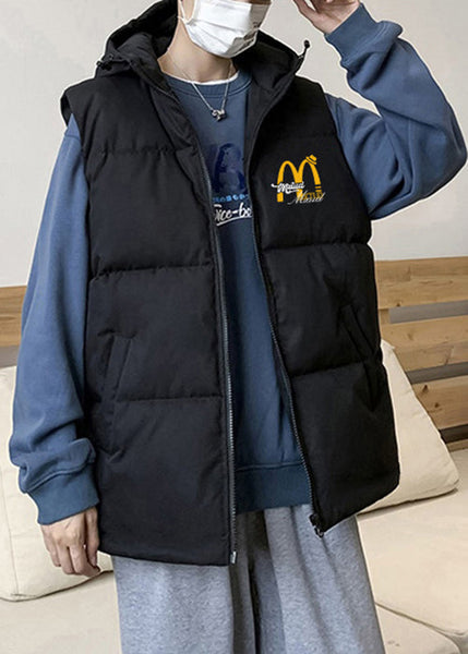 Loose Black Hooded Zippered Print Cotton Filled Men Waistcoat Sleeveless EQ030 ABC