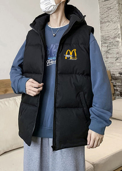 Loose Black Hooded Zippered Print Cotton Filled Men Waistcoat Sleeveless EQ030 ABC