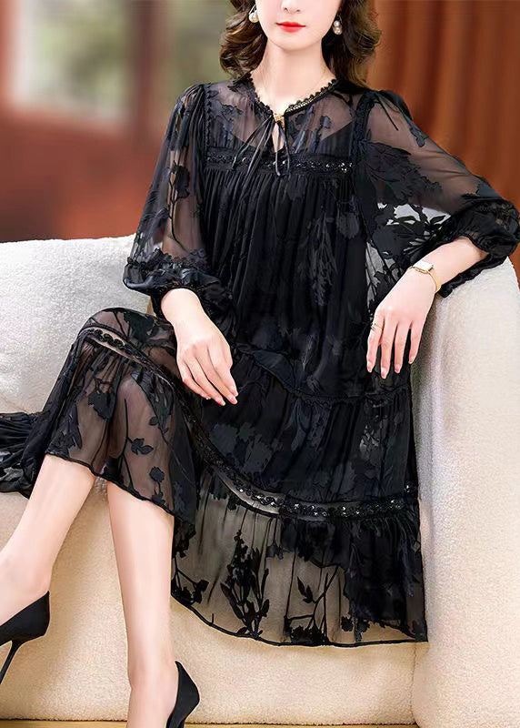 Loose Black Lace Up Lace Patchwork Silk Two Pieces Set Bracelet Sleeve OP1005 Ada Fashion