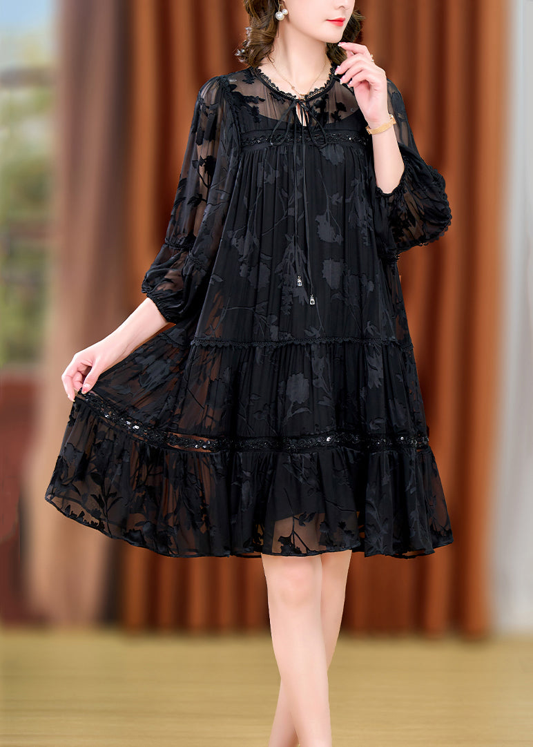 Loose Black Lace Up Lace Patchwork Silk Two Pieces Set Bracelet Sleeve OP1005 Ada Fashion