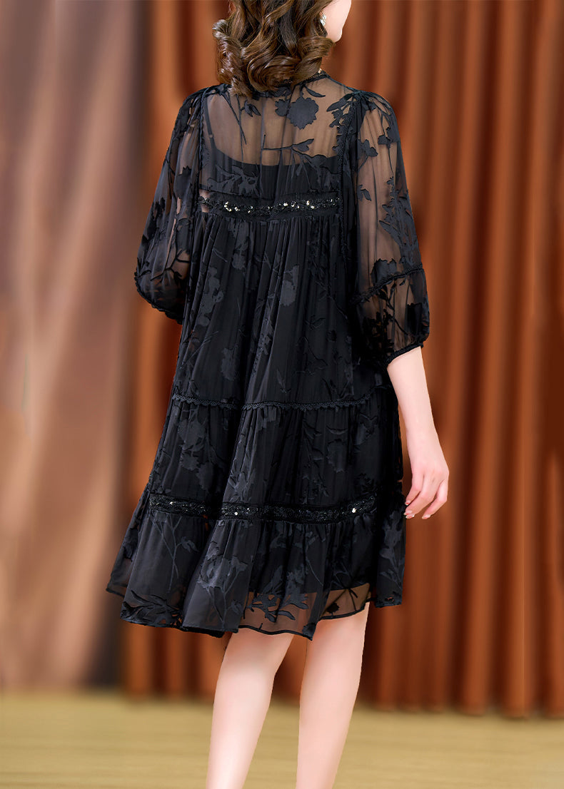 Loose Black Lace Up Lace Patchwork Silk Two Pieces Set Bracelet Sleeve OP1005 Ada Fashion