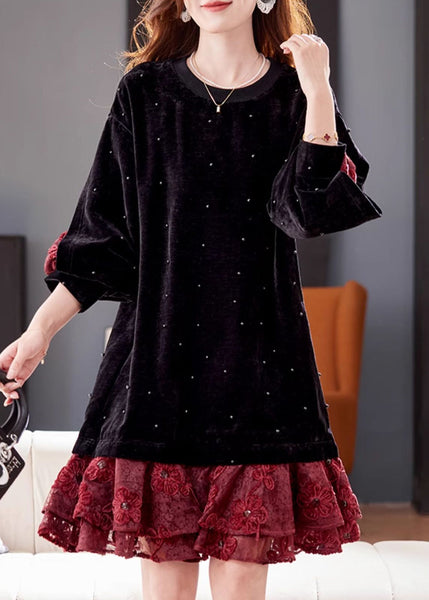 Loose Black Nail Bead Lace Patchwork Silk Velvet Dress Winter RL044 ABC