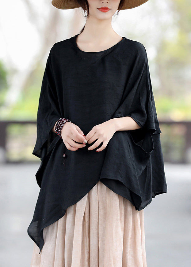 Loose Black O Neck Asymmetrical Cotton T Shirt Tops Summer LK023 GK-HTP240710