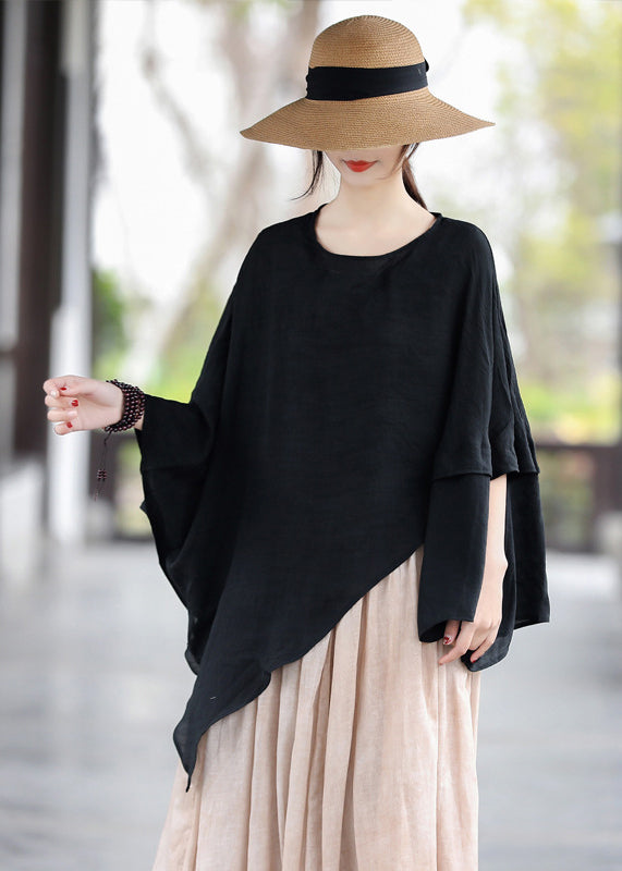 Loose Black O Neck Asymmetrical Cotton T Shirt Tops Summer LK023 GK-HTP240710