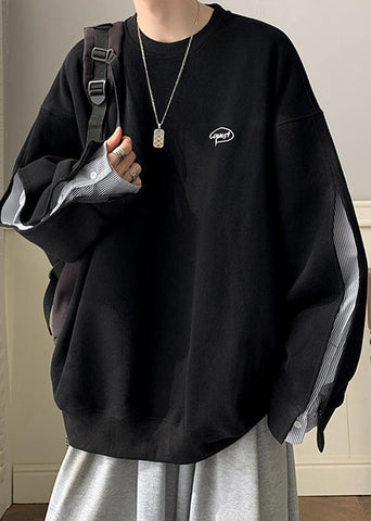 Men Loose Neck False Pieces Cotton O Two Black Sweatshirt Button FashionChic