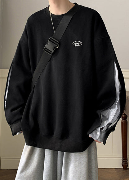 Men Loose Neck False Pieces Cotton O Two Black Sweatshirt Button FashionChic