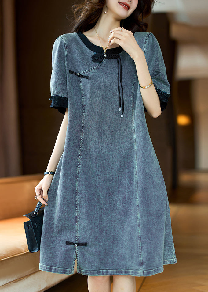 Loose Black O Neck Button Patchwork Denim Dress Summer GH1050 Ada Fashion