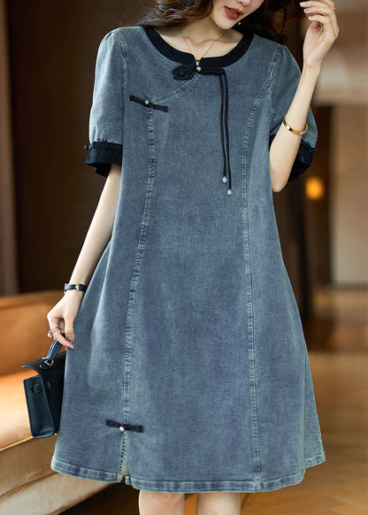 Loose Black O Neck Button Patchwork Denim Dress Summer GH1050 Ada Fashion