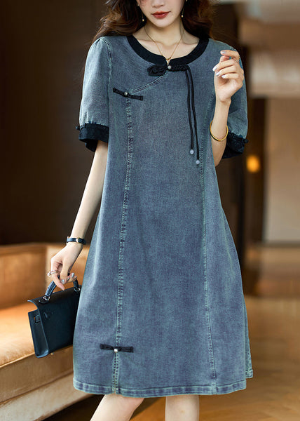 Loose Black O Neck Button Patchwork Denim Dress Summer GH1050 Ada Fashion