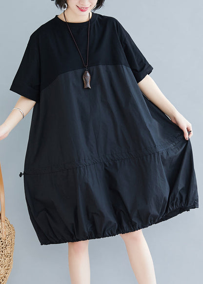 Loose Black O Neck Drawstring Patchwork Cotton Dresses Summer AP081 GK-SDM240718