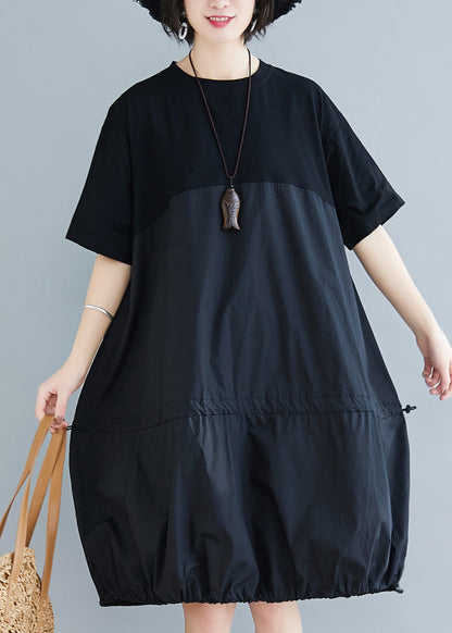 Loose Black O Neck Drawstring Patchwork Cotton Dresses Summer AP081 GK-SDM240718