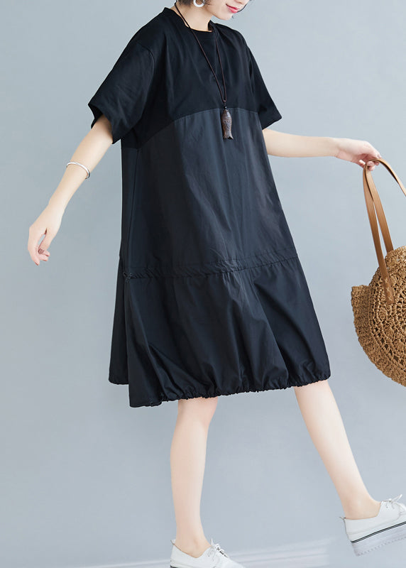 Loose Black O Neck Drawstring Patchwork Cotton Dresses Summer AP081 GK-SDM240718