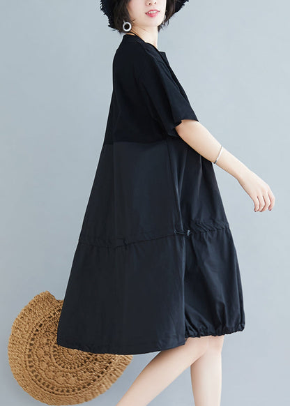 Loose Black O Neck Drawstring Patchwork Cotton Dresses Summer AP081 GK-SDM240718