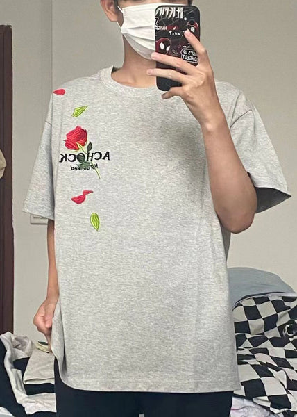 Loose Black O-Neck Embroideried Solid Cotton Mens T Shirts Short Sleeve LK046 Men-Silk-MENT240630