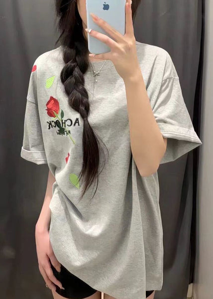 Loose Black O-Neck Embroideried Solid Cotton Mens T Shirts Short Sleeve LK046 Men-Silk-MENT240630