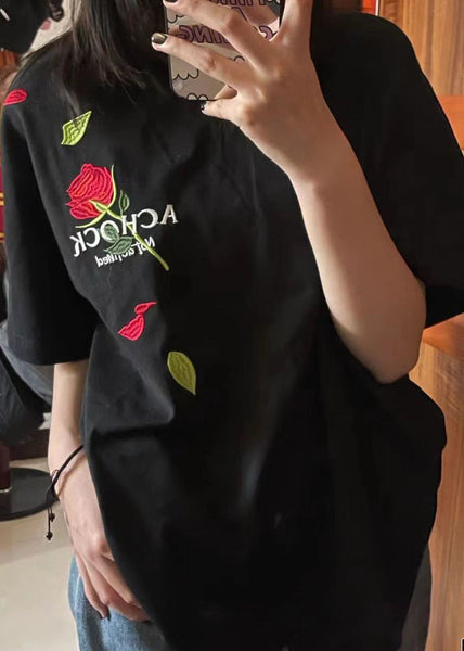 Loose Black O-Neck Embroideried Solid Cotton Mens T Shirts Short Sleeve LK046 Men-Silk-MENT240630