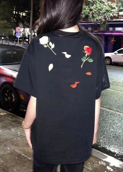 Loose Black O-Neck Embroideried Solid Cotton Mens T Shirts Short Sleeve LK046 Men-Silk-MENT240630