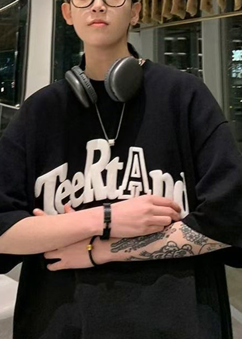 Loose O T Black Cotton Neck Solid Shirt Letter Men Half Sleeve FashionChic