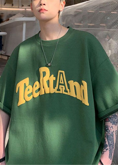 Loose O T Black Cotton Neck Solid Shirt Letter Men Half Sleeve FashionChic