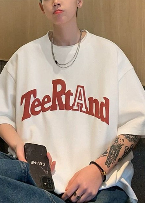 Loose O T Black Cotton Neck Solid Shirt Letter Men Half Sleeve FashionChic