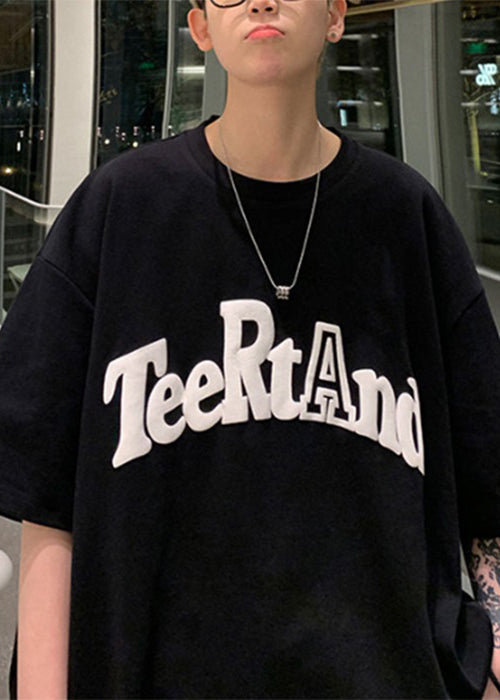 Loose O T Black Cotton Neck Solid Shirt Letter Men Half Sleeve FashionChic