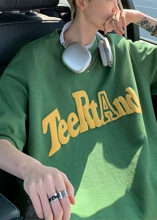 Loose O T Black Cotton Neck Solid Shirt Letter Men Half Sleeve FashionChic