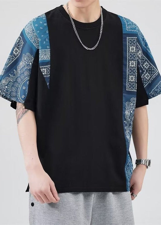 Black Shirt Mens Loose O Neck Summer Patchwork T Cotton FashionChic