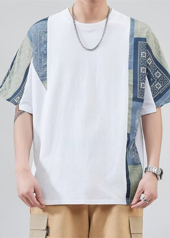 Black Shirt Mens Loose O Neck Summer Patchwork T Cotton FashionChic