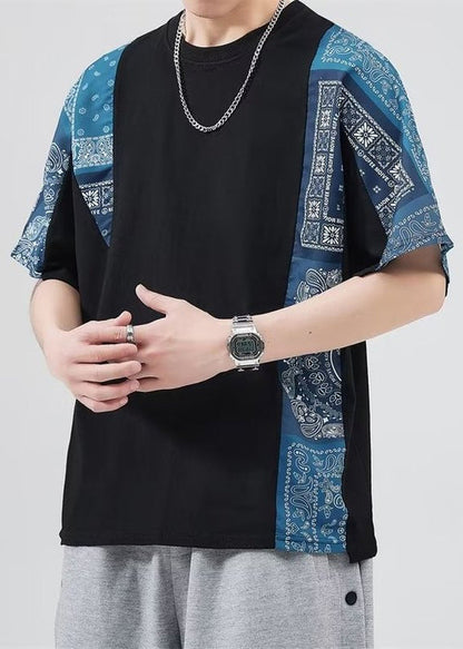 Black Shirt Mens Loose O Neck Summer Patchwork T Cotton FashionChic