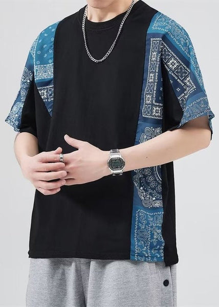 Black Shirt Mens Loose O Neck Summer Patchwork T Cotton FashionChic